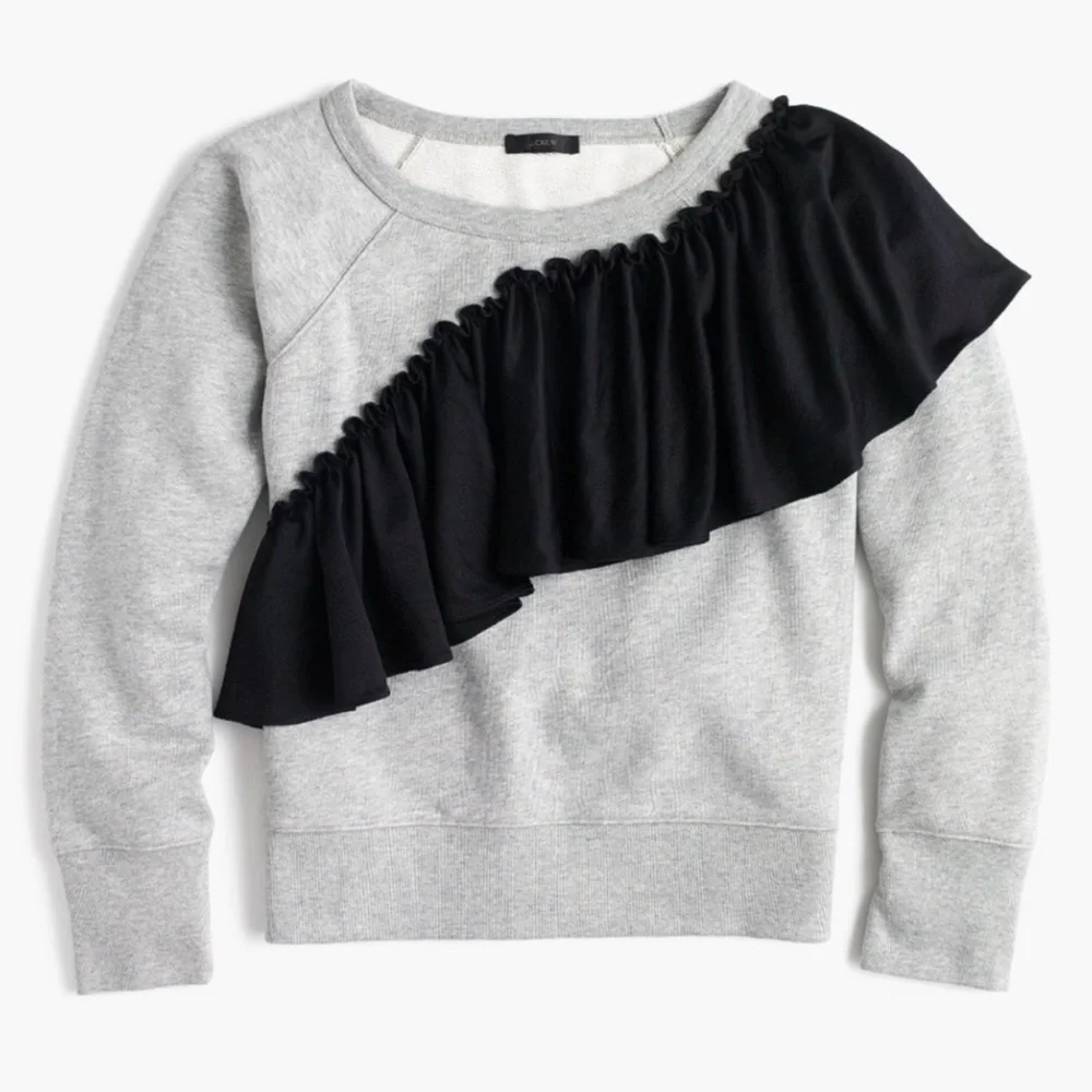 J CREW Gray Sweatshirt Top Black Satin Ruffle Detail Womens Size MEDIUM EUC